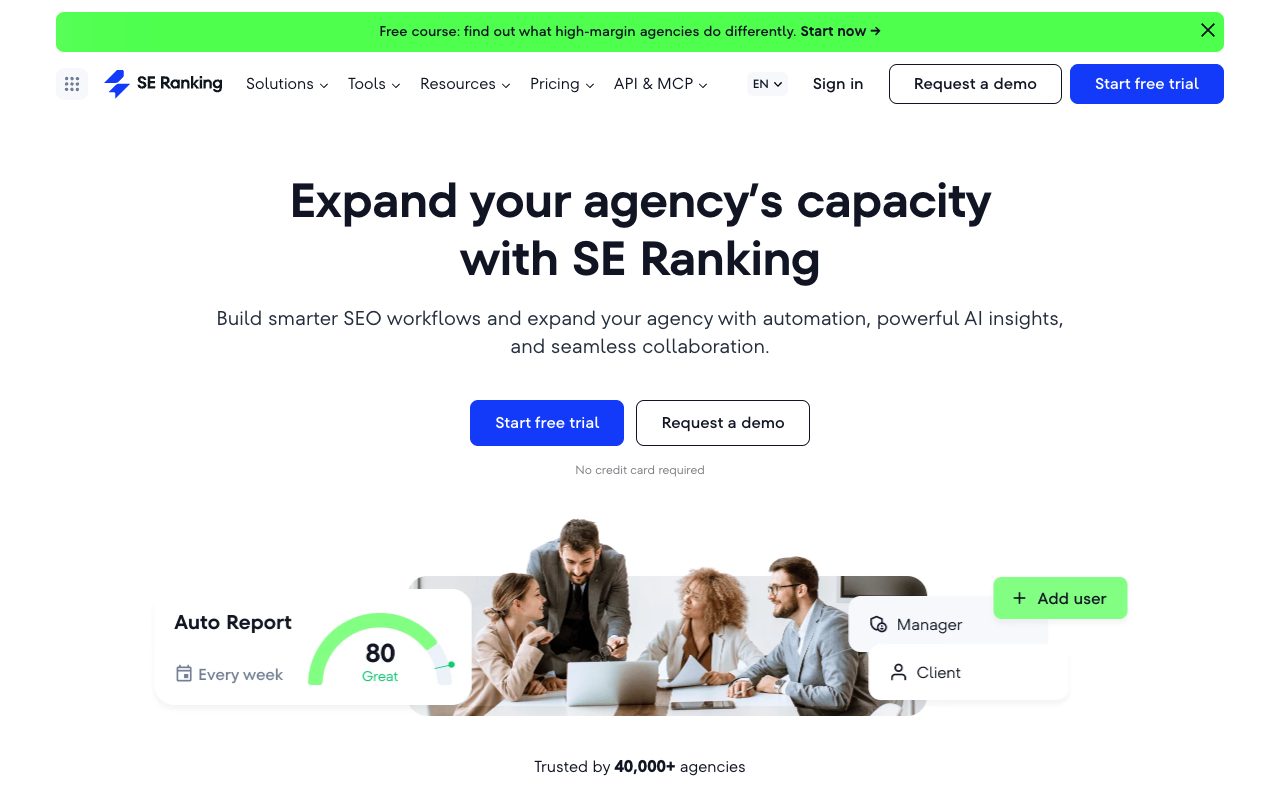 SE Ranking for Agencies page headed Expand your agency's capacity with SE Ranking, trusted by 40,000+ agencies