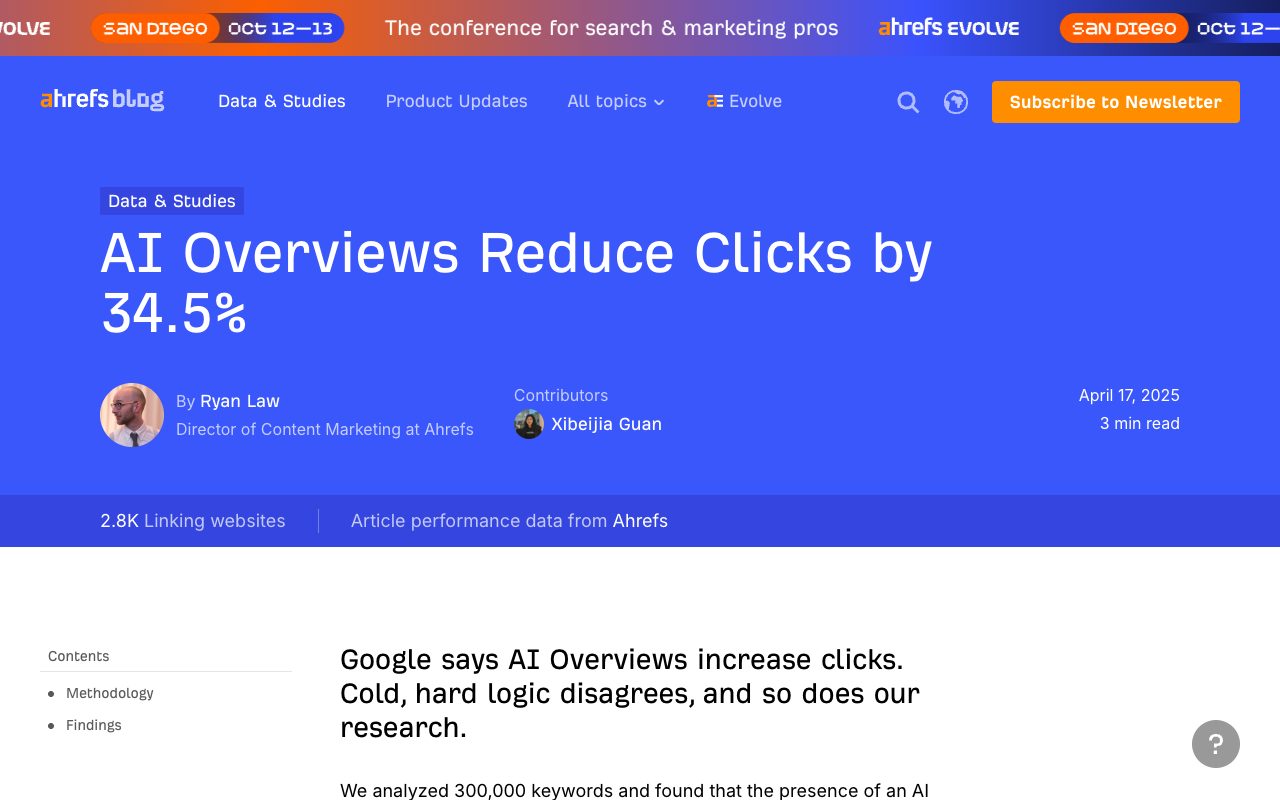 Ahrefs blog study reporting AI Overviews reduce clicks, with a 34.5% lower click-through rate for the top-ranking page