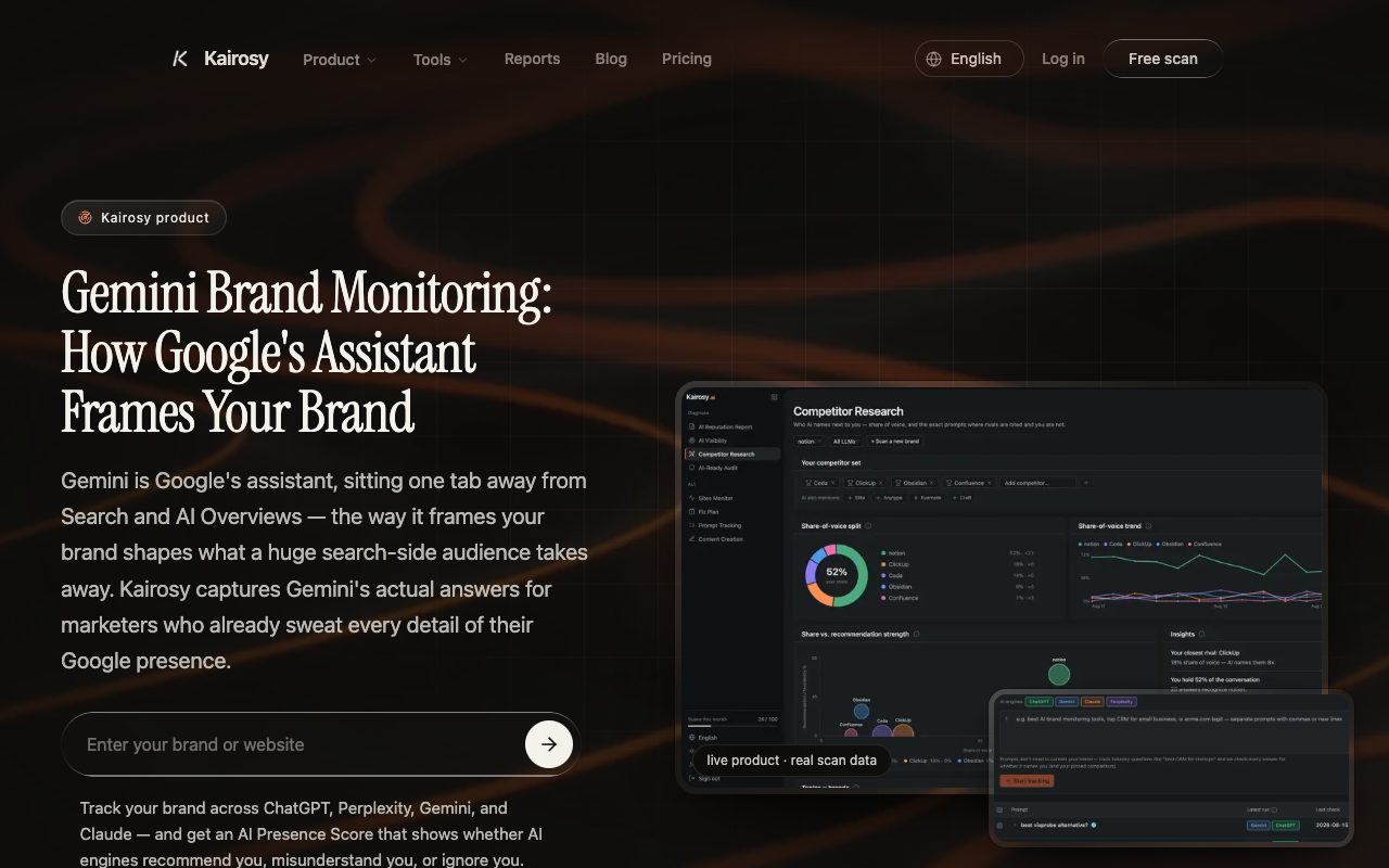 Kairosy Gemini brand monitoring page: tracking how Google's assistant frames a brand, with a free scan box