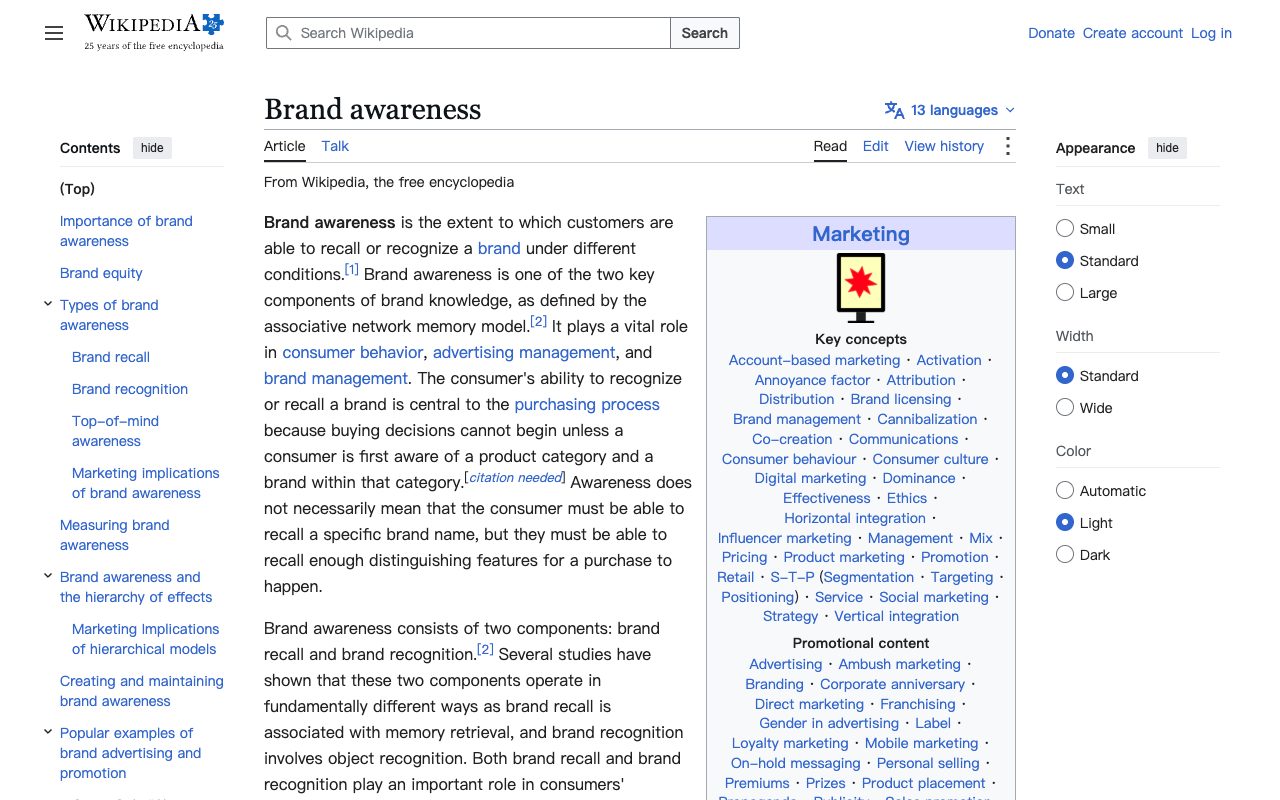 Wikipedia article on brand awareness, the marketing concept of how well consumers recall or recognize a brand