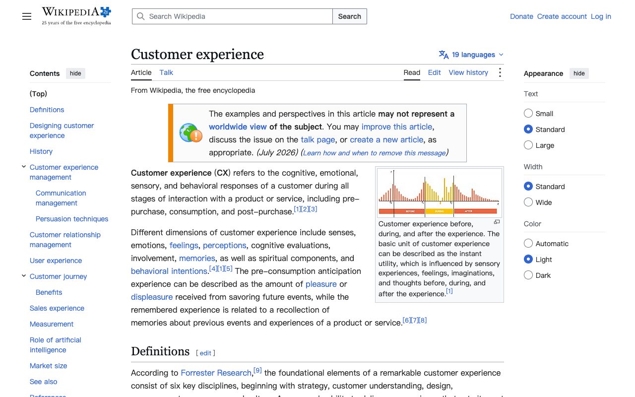 Wikipedia article on customer experience, defining the sum of a customer's interactions with a company