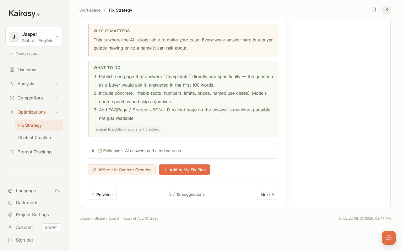 Kairosy Fix Strategy suggestion 3 of 12 for Jasper: publish a page that answers the Complaints question directly, with FAQPage markup