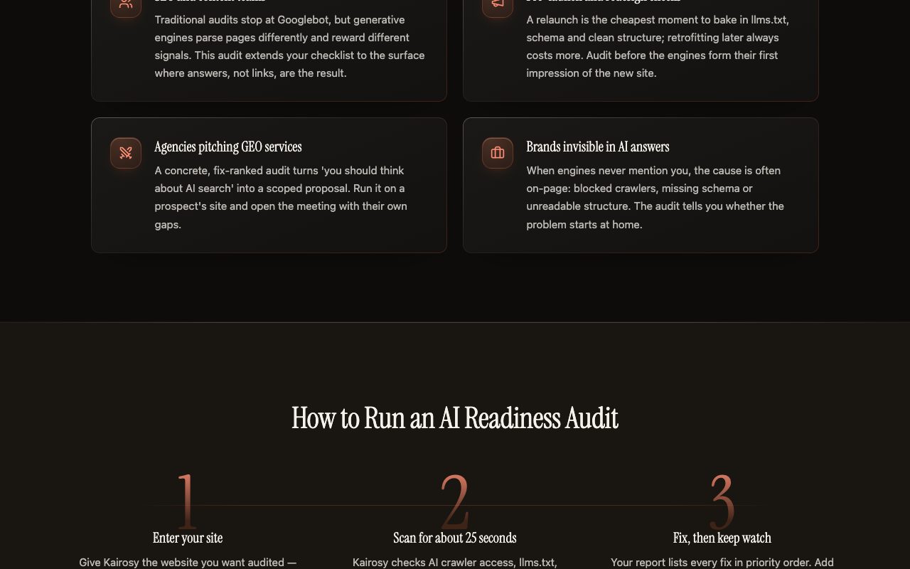 Kairosy AI-Ready Audit page explaining who the audit is for and the three steps of running an AI readiness audit