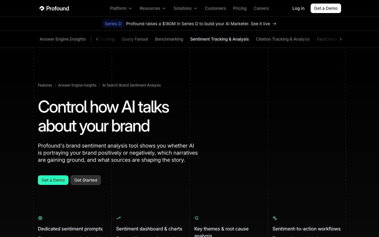 Profound brand sentiment page hero: Control how AI talks about your brand, with sentiment prompts and dashboard features