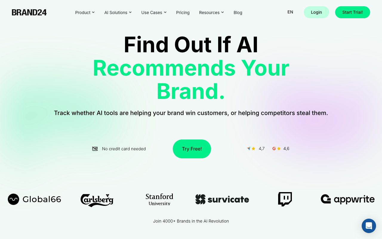 Brand24 AI visibility page headed Find Out If AI Recommends Your Brand, with stats on AI search usage