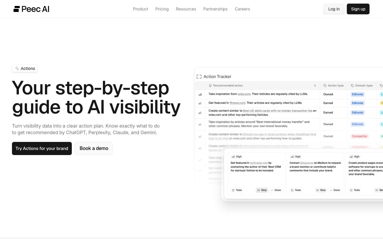 Peec AI Actions page: 'Your step-by-step guide to AI visibility', turning visibility data into a recommended action tracker