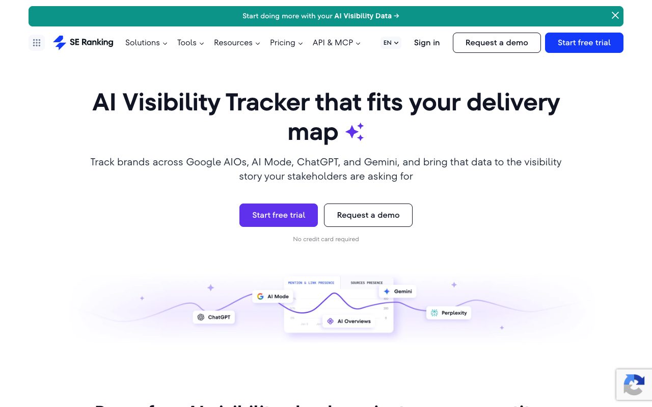 SE Ranking AI Visibility Tracker page: track brands across Google AI Overviews, AI Mode, ChatGPT and Gemini