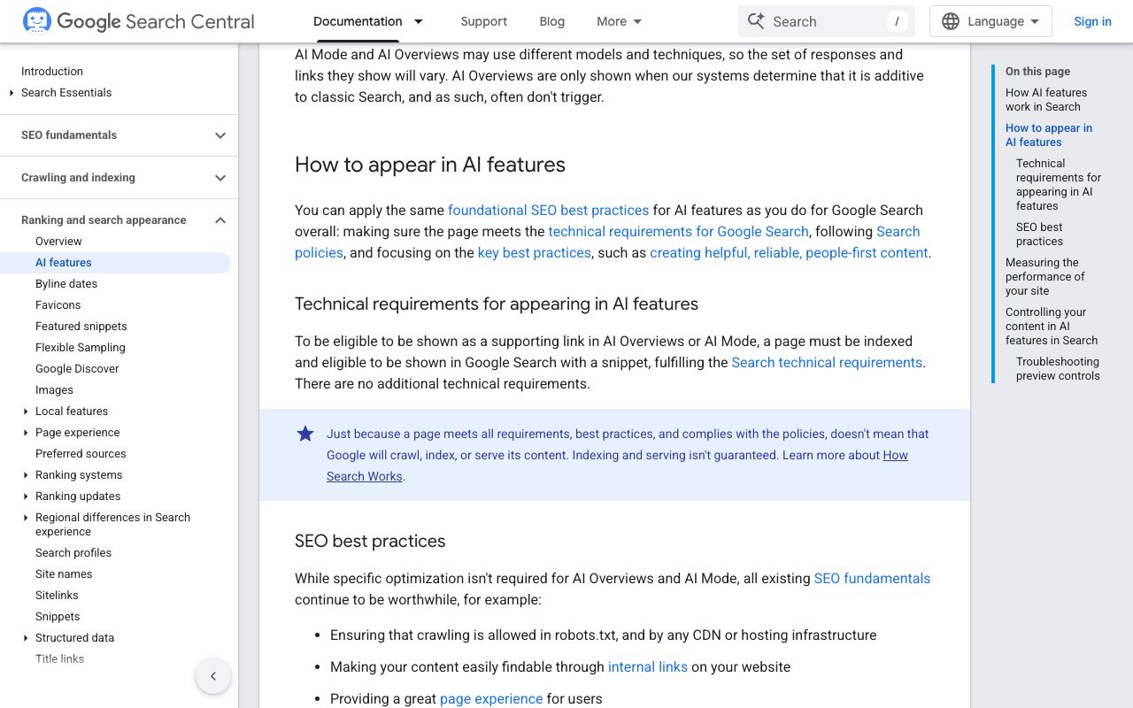 Google Search Central 'AI features and your website': how to appear in AI features, technical requirements and SEO best practices