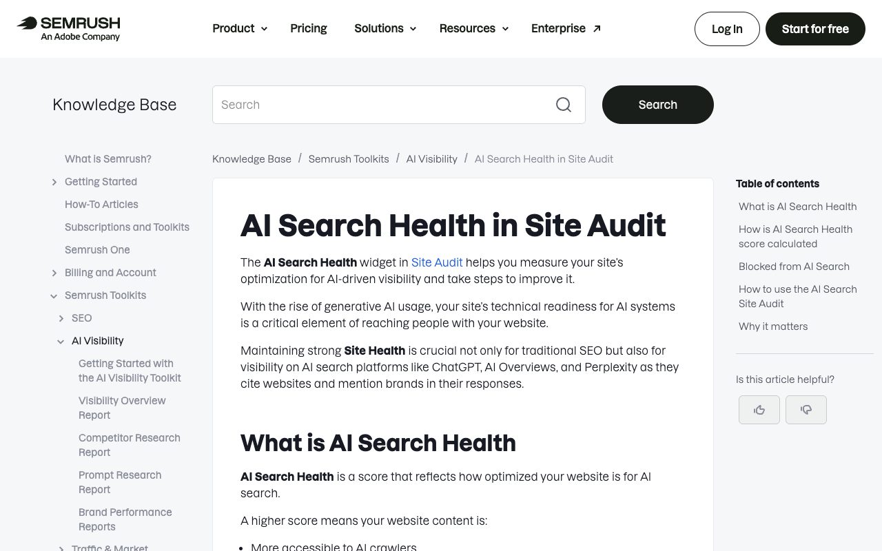 Semrush Knowledge Base article 'AI Search Health in Site Audit', explaining a score for how optimized a site is for AI search