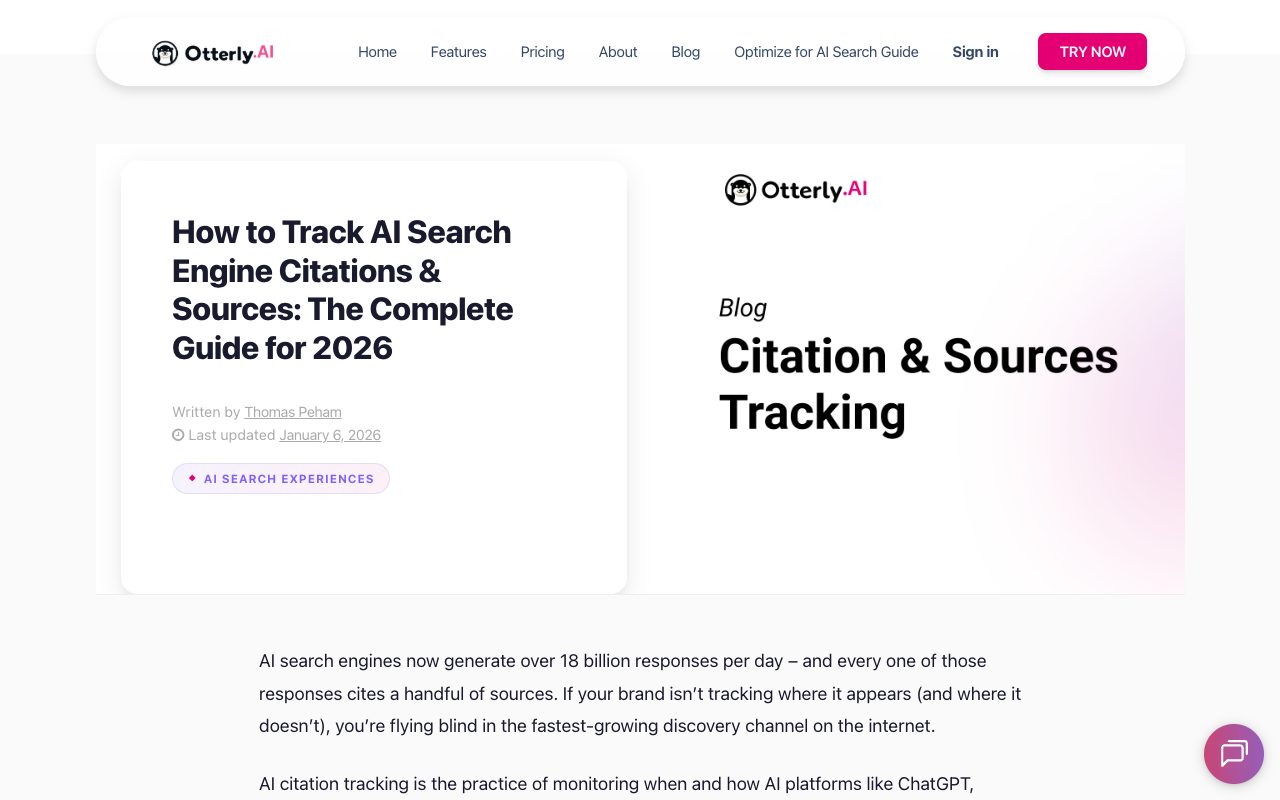 OtterlyAI blog guide header: How to Track AI Search Engine Citations & Sources, the complete guide for 2026