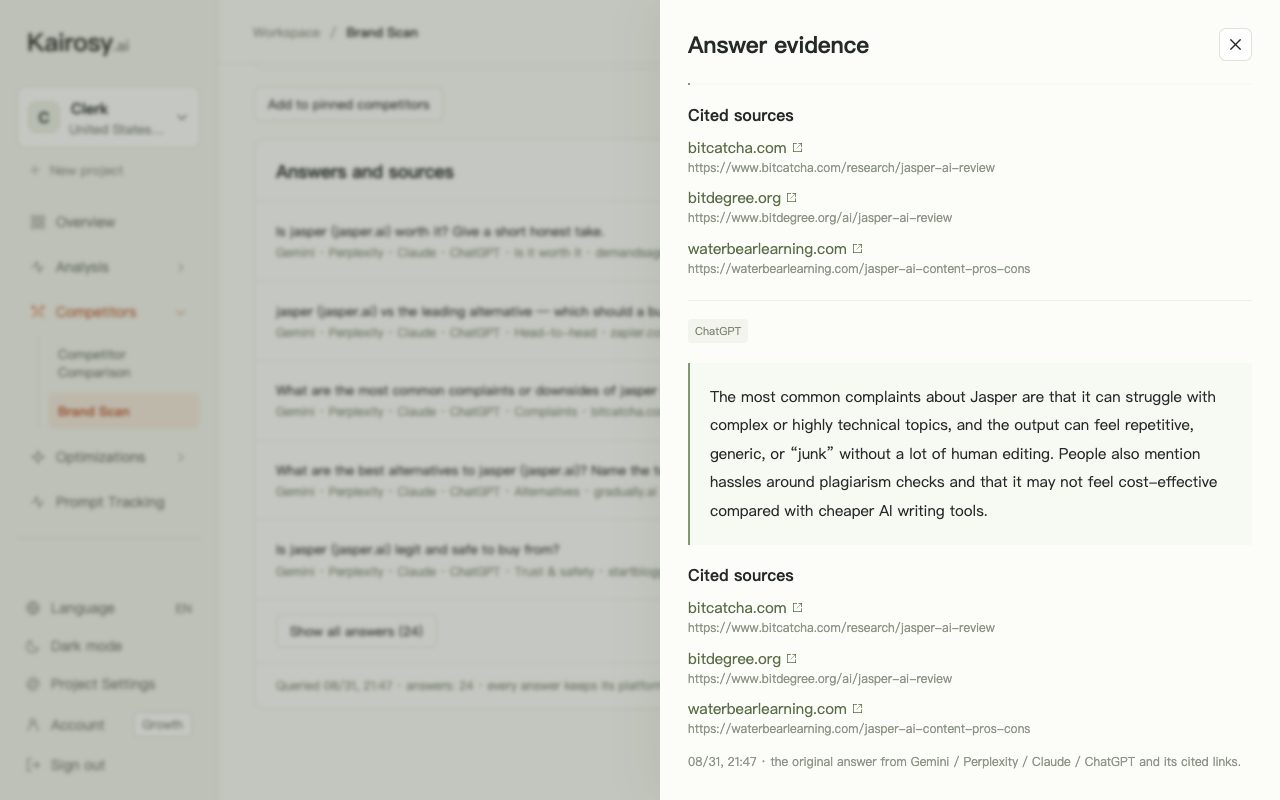 Kairosy answer evidence for Jasper: ChatGPT's answer on the most common complaints about Jasper and the review sites it cited