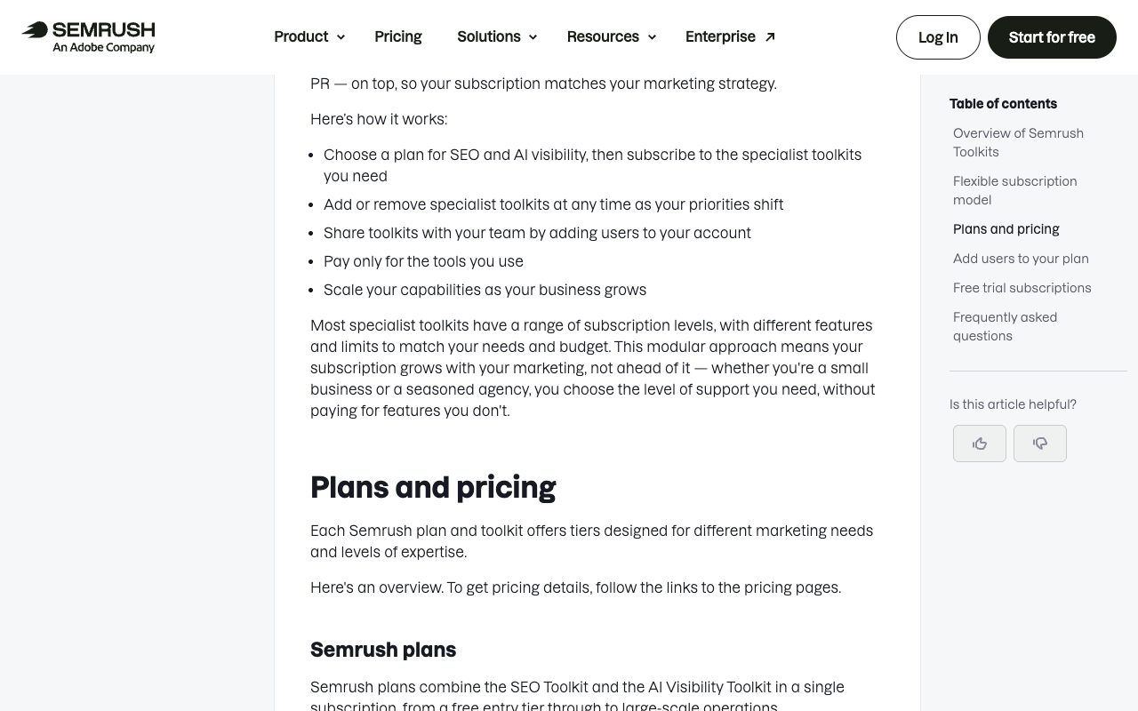 Semrush Knowledge Base Subscriptions and Toolkits page, 'Plans and pricing' section on Semrush plans and toolkits