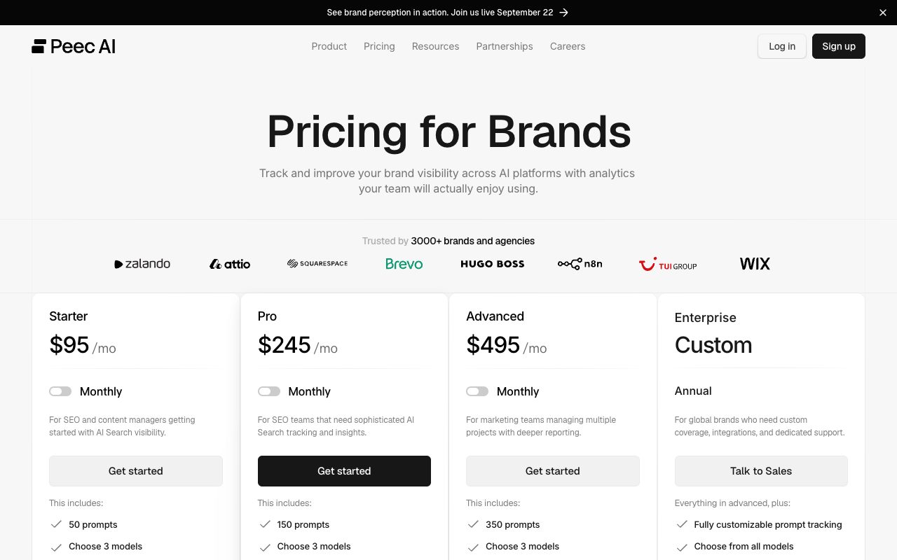 Peec AI pricing for brands: Starter $95, Pro $245 and Advanced $495 per month plus a custom Enterprise tier