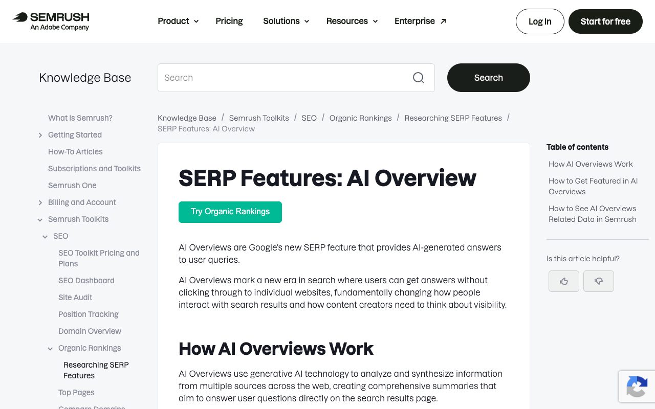 Semrush Knowledge Base article on the AI Overview SERP feature, explaining how Semrush tools detect and report Google AI Overviews