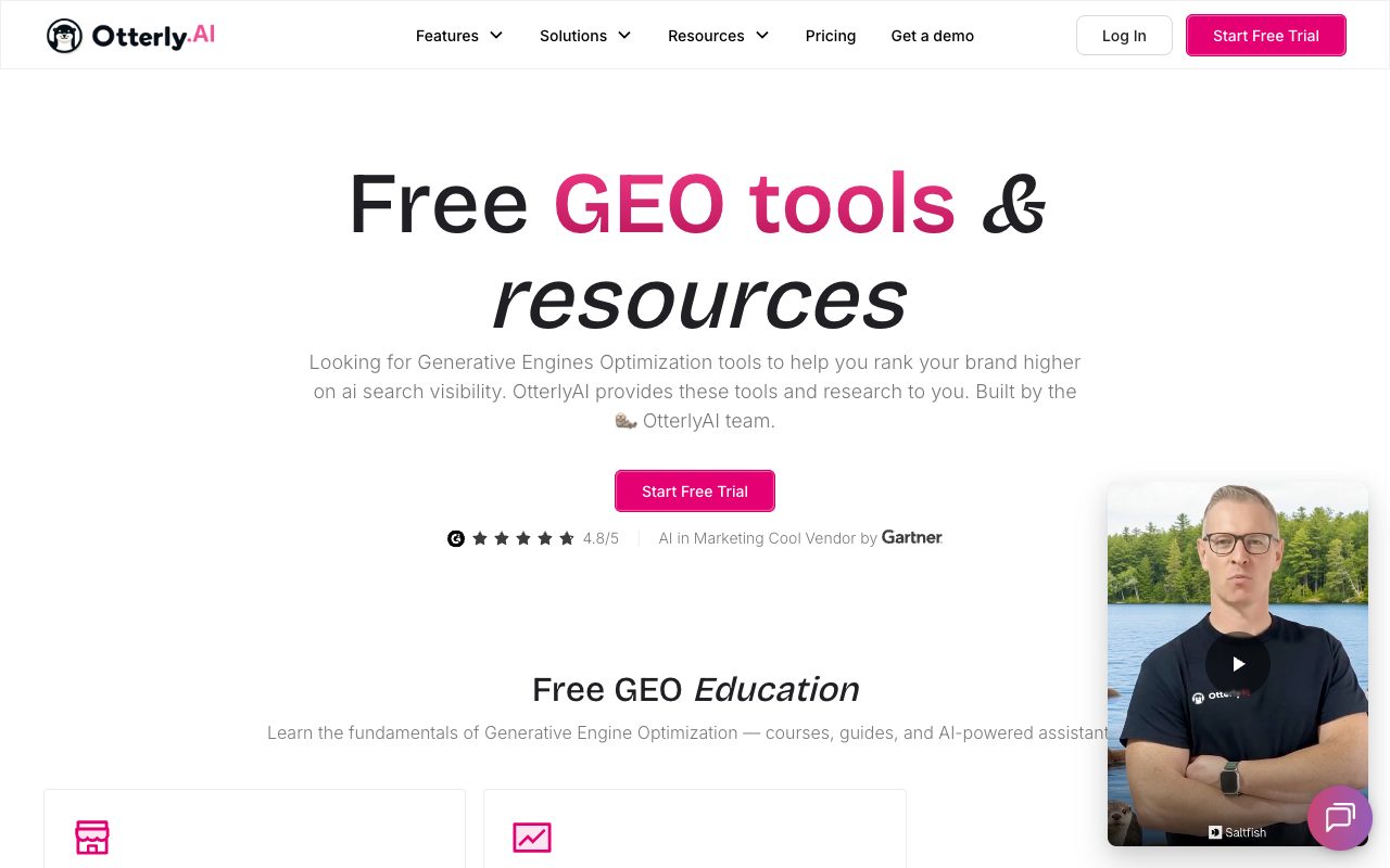 OtterlyAI Free GEO tools and resources page listing GEO education, prompt research and content optimization tools