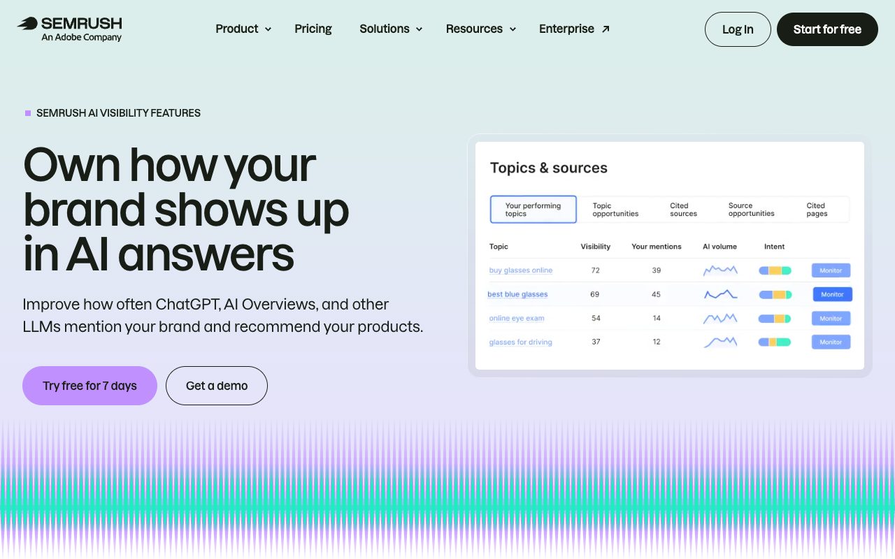 Semrush AI visibility features page: own how your brand shows up in AI answers, with a topics and sources table