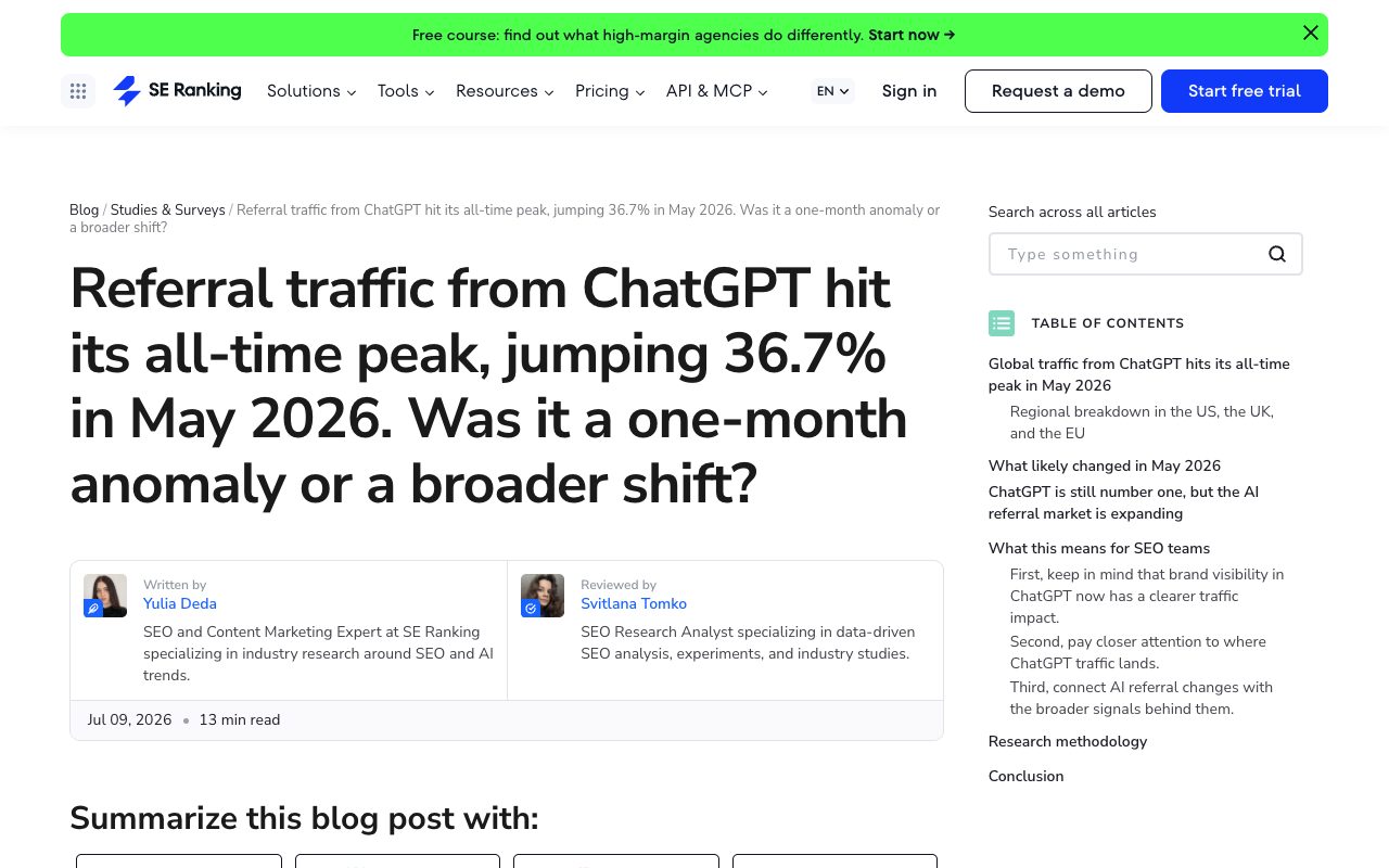 SE Ranking blog study reporting ChatGPT referral traffic hit an all-time peak with a 36.7% jump in May 2026