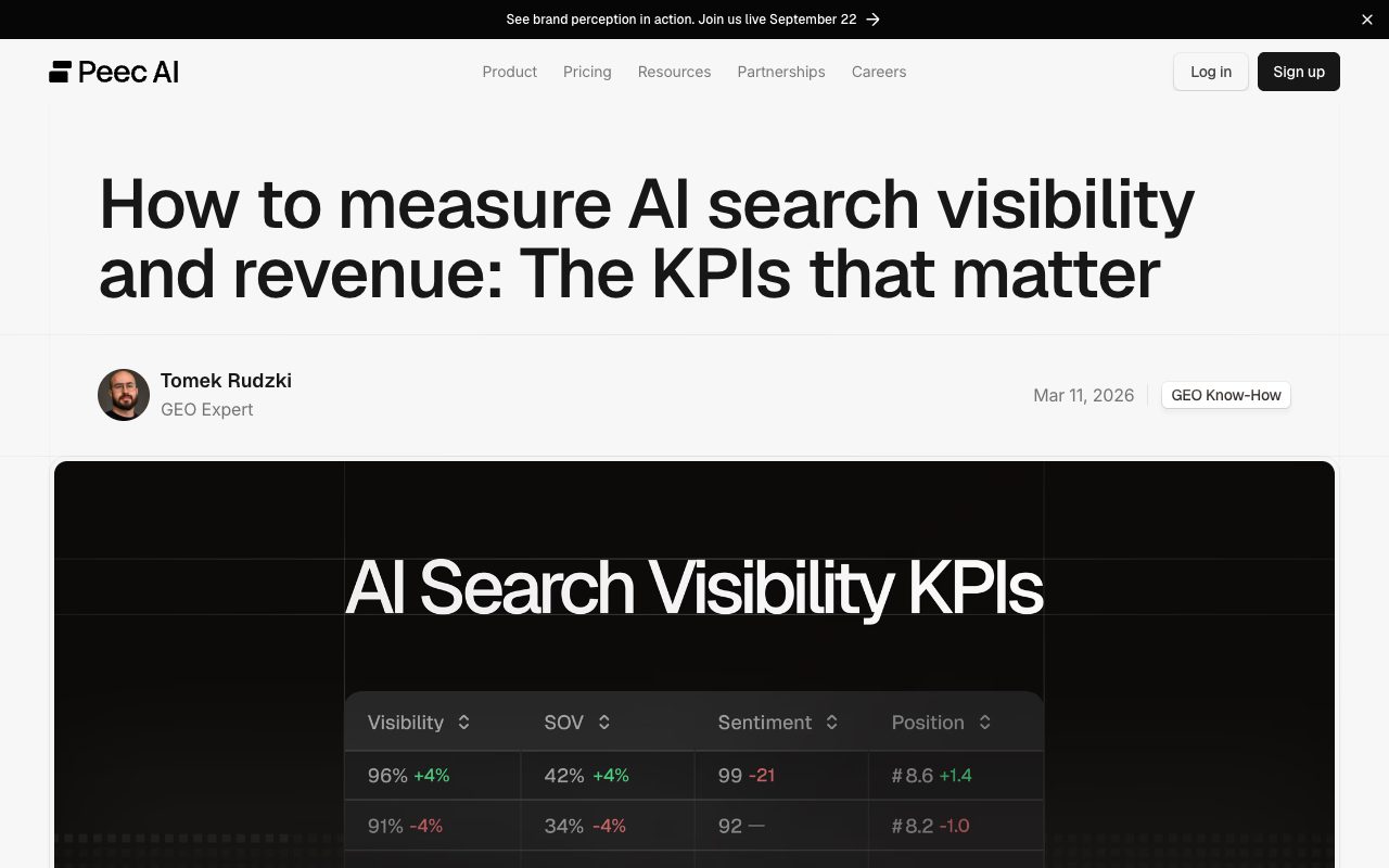 Peec AI blog post header: How to measure AI search visibility and revenue: The KPIs that matter, by Tomek Rudzki