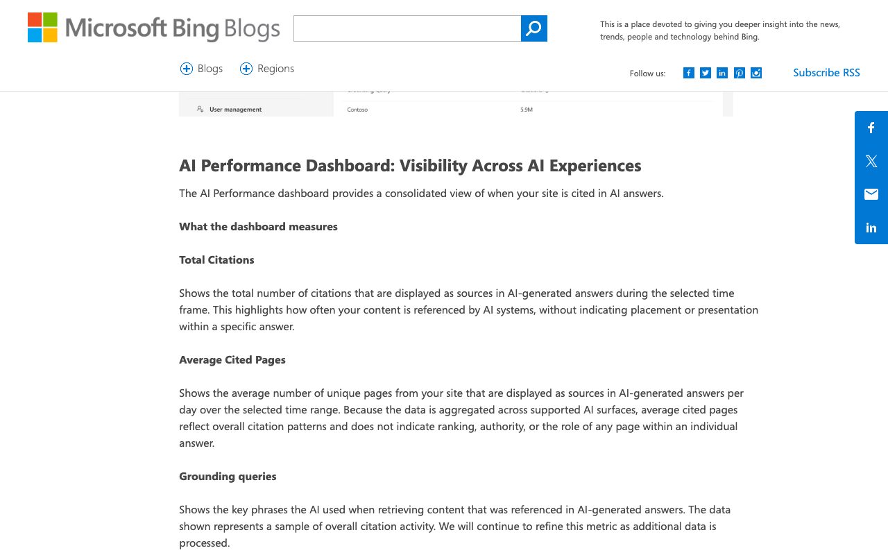 Bing Webmaster blog section on the AI Performance dashboard: total citations, average cited pages and grounding queries