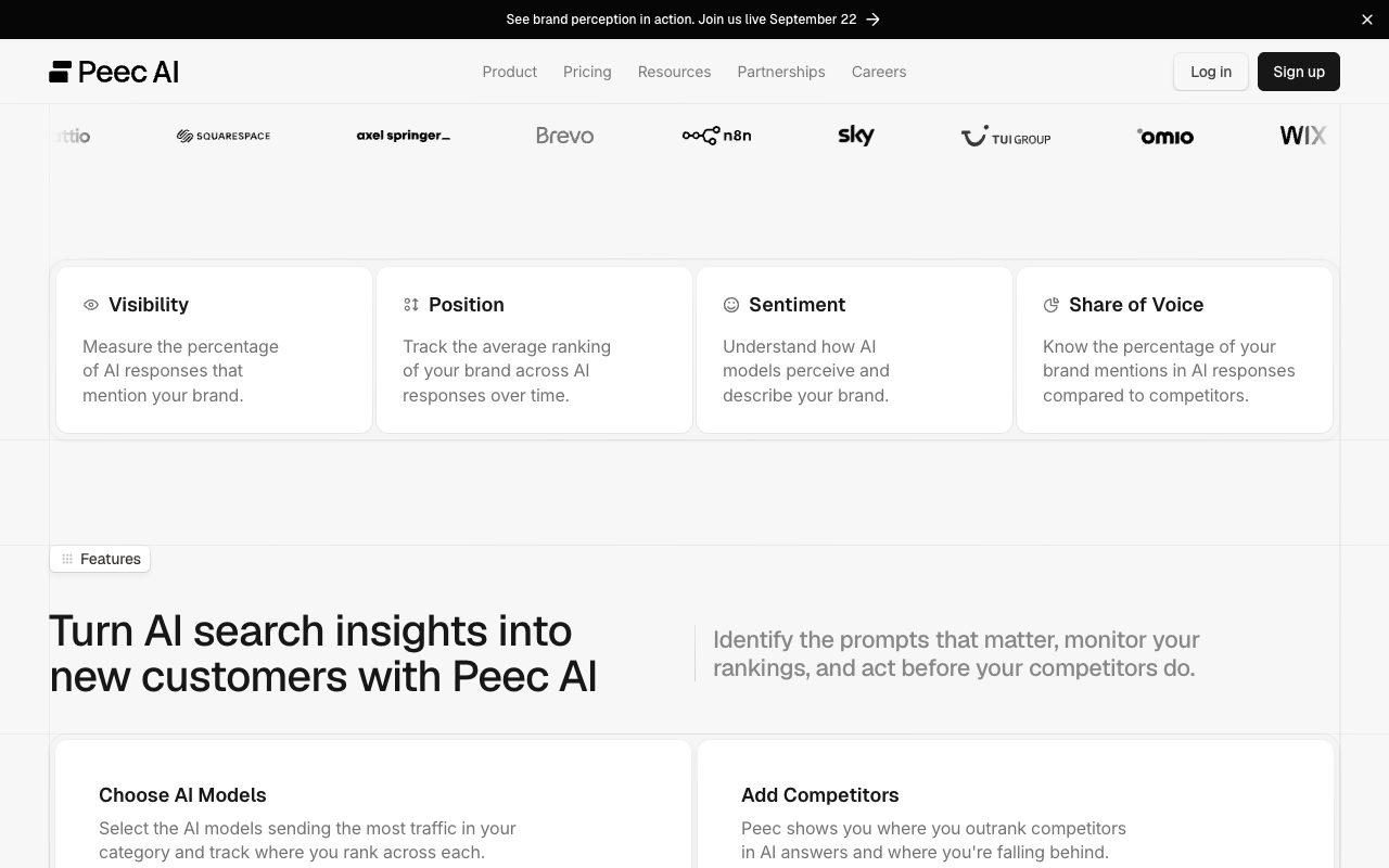 Peec AI visibility product page showing its four metric cards: Visibility, Position, Sentiment and Share of Voice