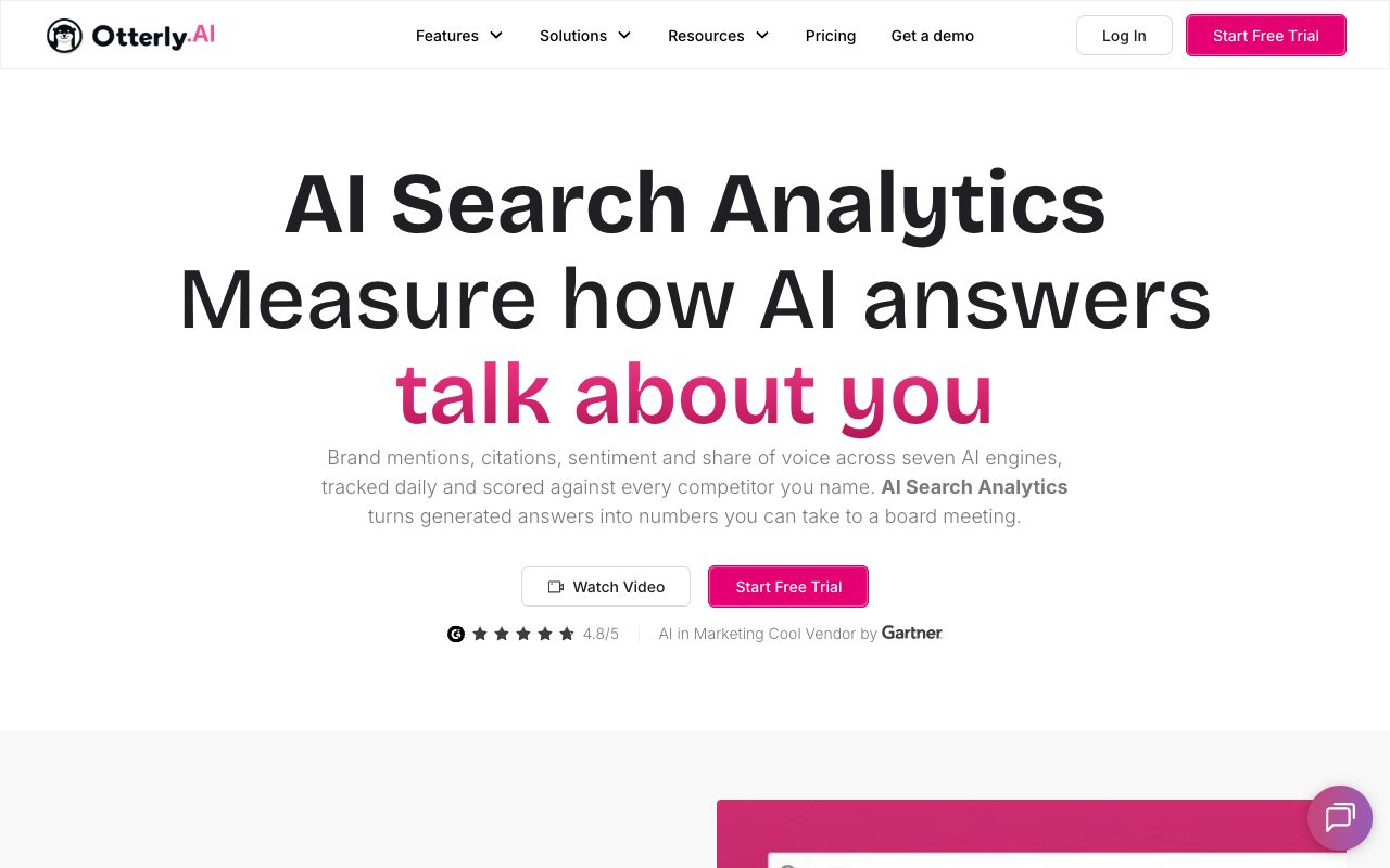 OtterlyAI AI Search Analytics feature page listing brand mentions, share of voice, average rank and sentiment tracking