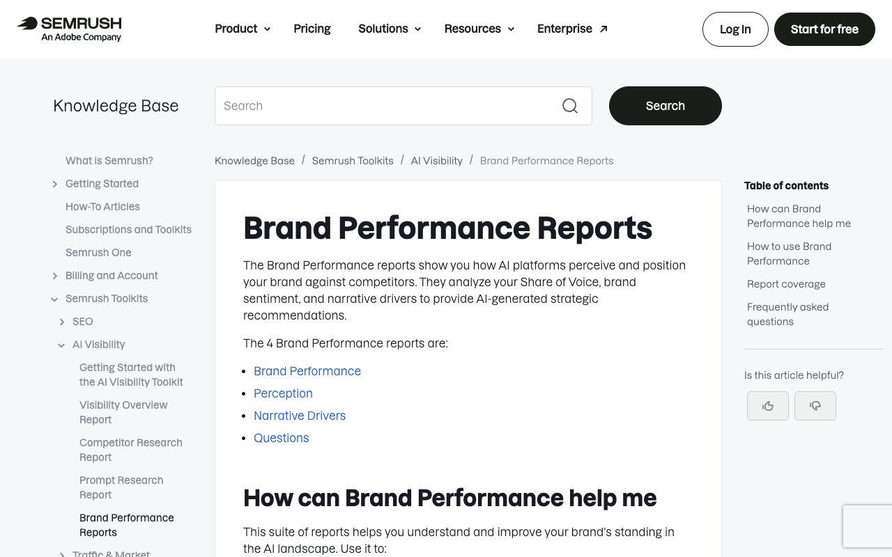 Semrush Knowledge Base article on Brand Performance reports covering share of voice, sentiment and narrative drivers