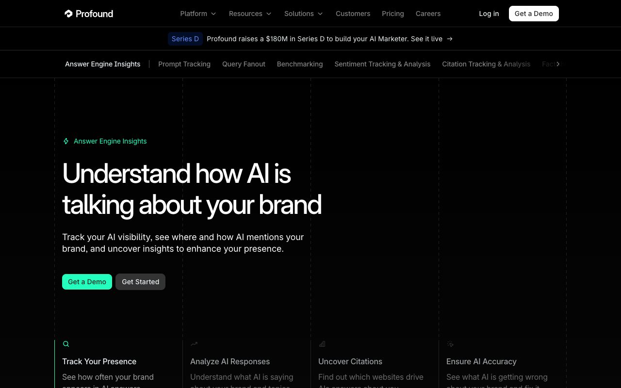 Profound Answer Engine Insights page hero: Understand how AI is talking about your brand, with presence, responses and citations tabs