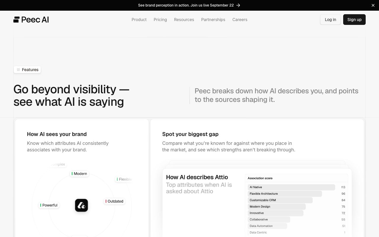 Peec AI brand perception page: 'Go beyond visibility — see what AI is saying', with the attributes AI associates with a brand