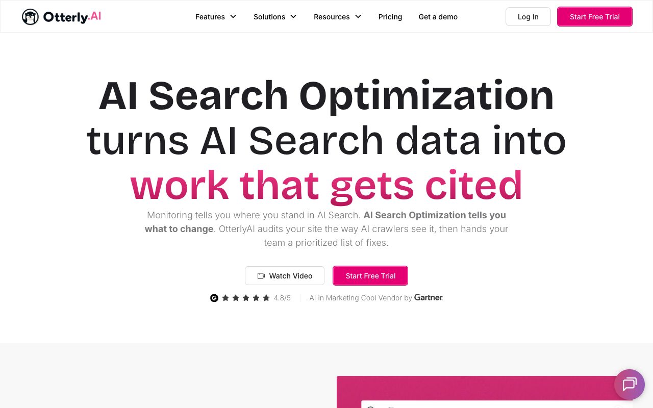 OtterlyAI AI Search Optimization page: auditing a site the way AI crawlers see it and returning a prioritized list of fixes