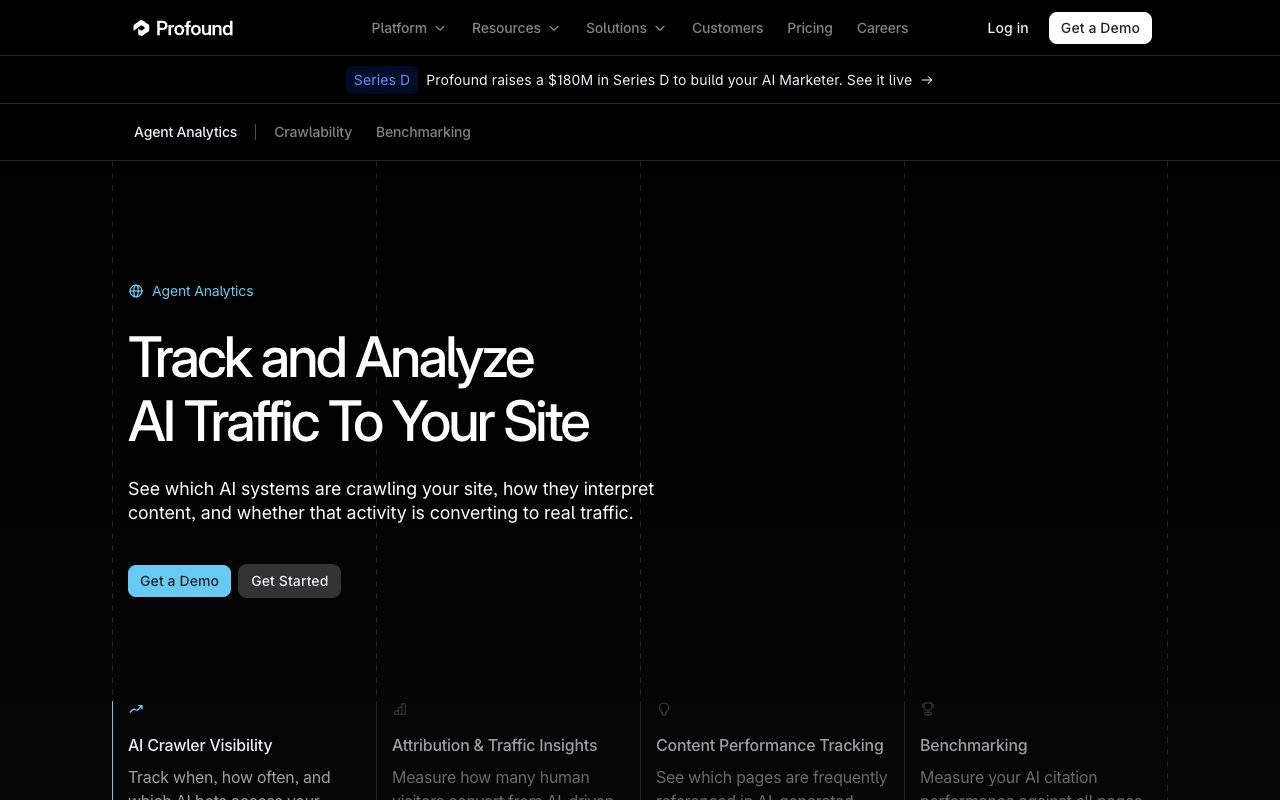 Profound Agent Analytics page: 'Track and Analyze AI Traffic To Your Site', covering AI crawler visibility and attribution