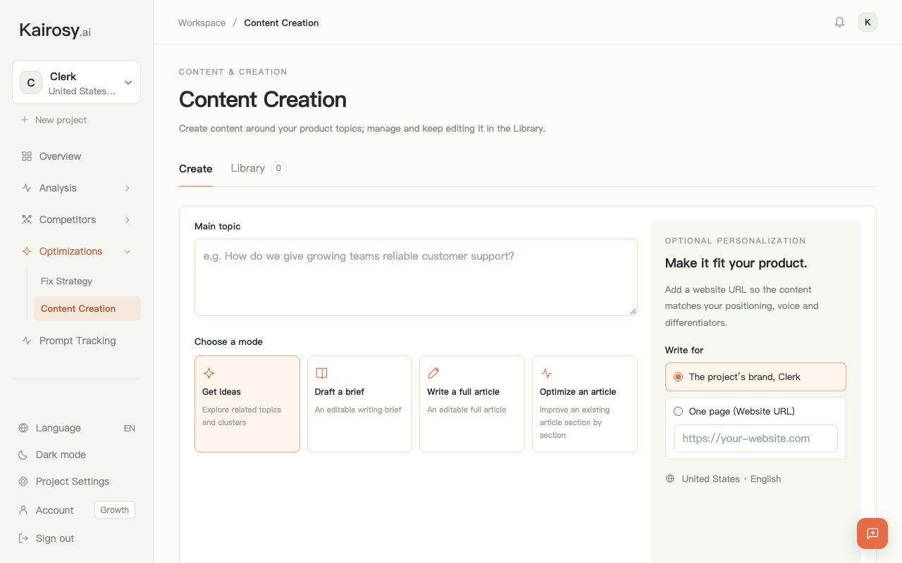 Kairosy Content Creation: pick a topic and a mode (ideas, brief, full article or optimize an existing page) to act on scan findings