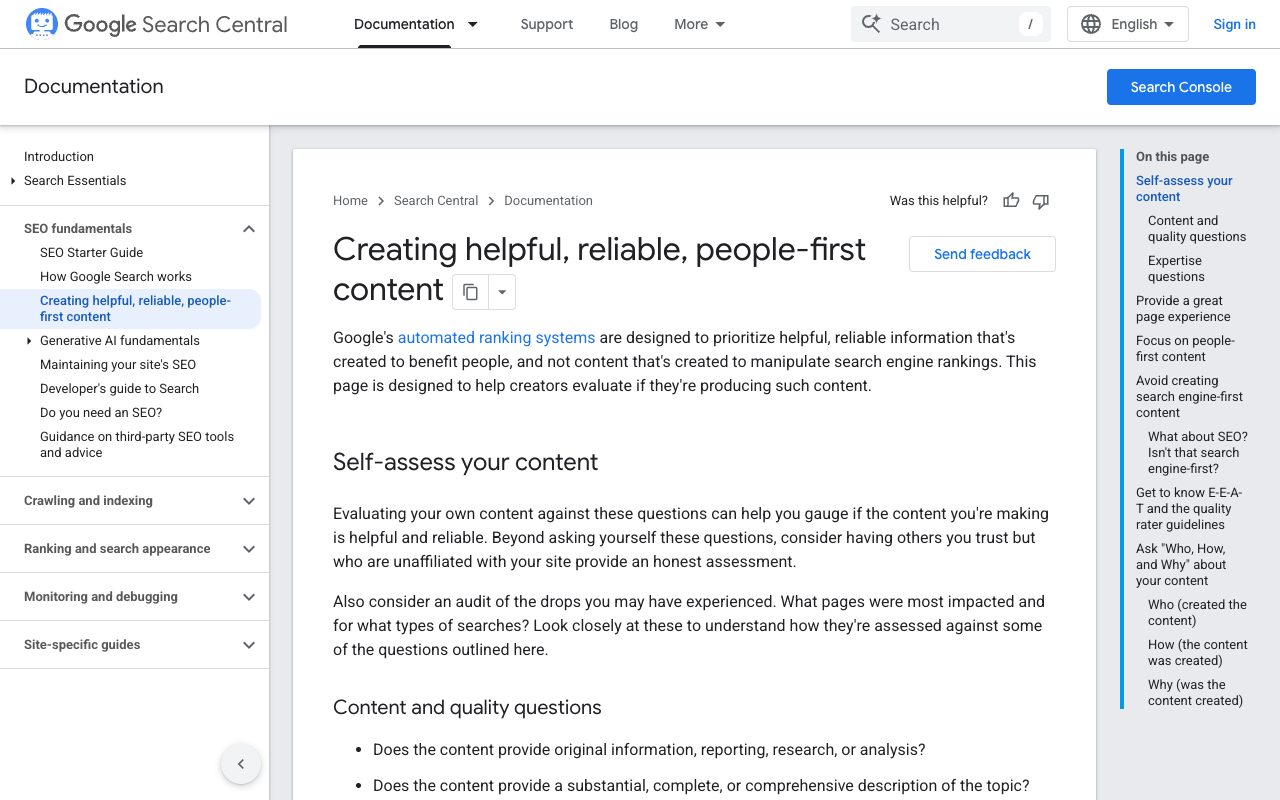 Google Search Central guide 'Creating helpful, reliable, people-first content' describing how Google evaluates content quality