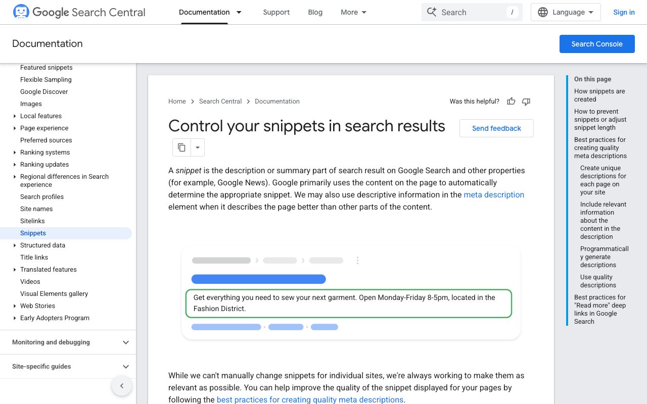 Google Search Central documentation on controlling your snippets in search results, including how Google builds a snippet from page content