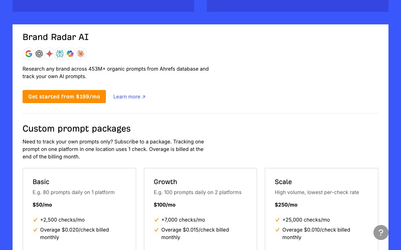 Ahrefs pricing page: Brand Radar AI from $199 a month and custom prompt packages at $50, $100 and $250 a month
