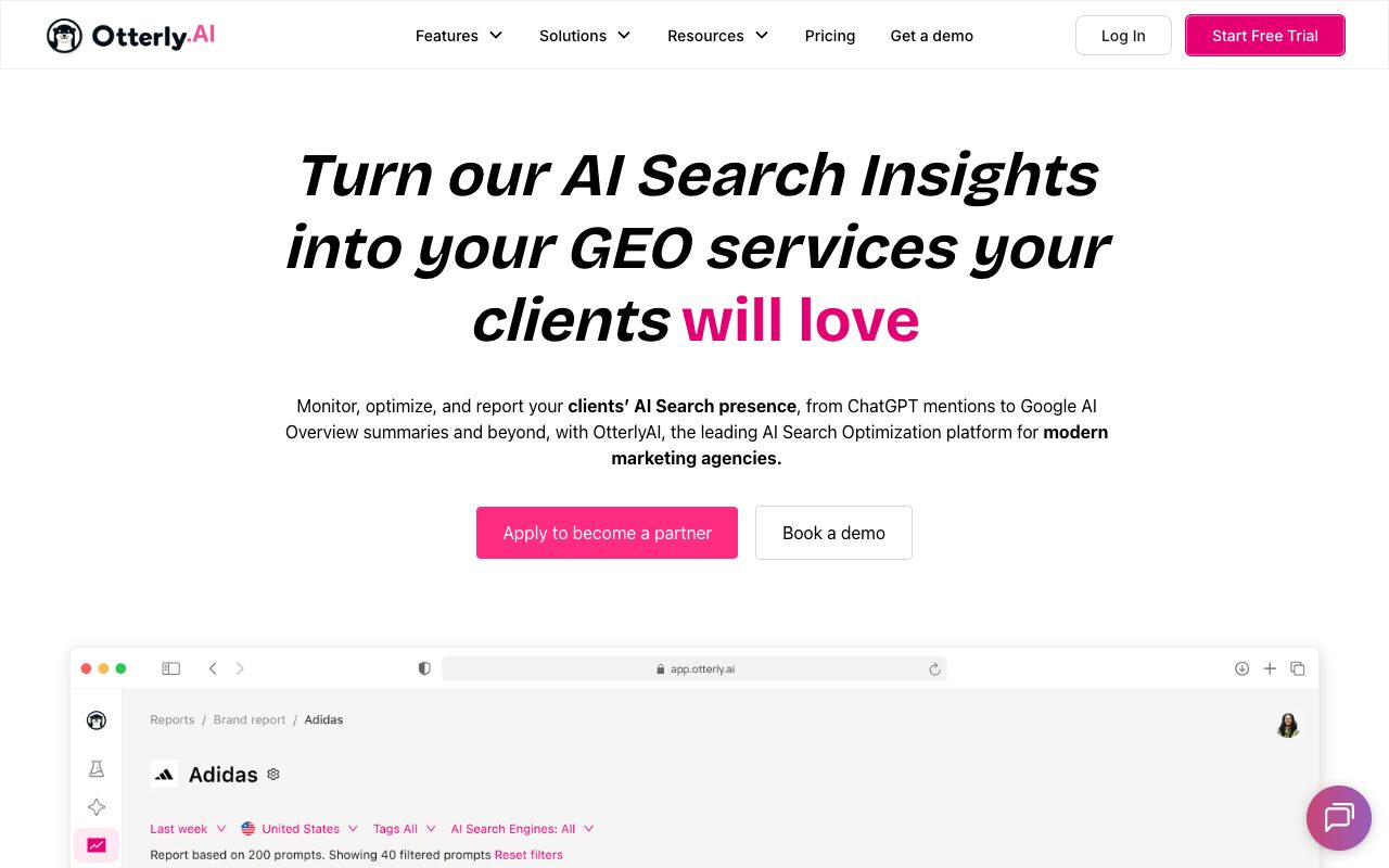 OtterlyAI page for marketing agencies: turn AI Search insights into GEO services for clients