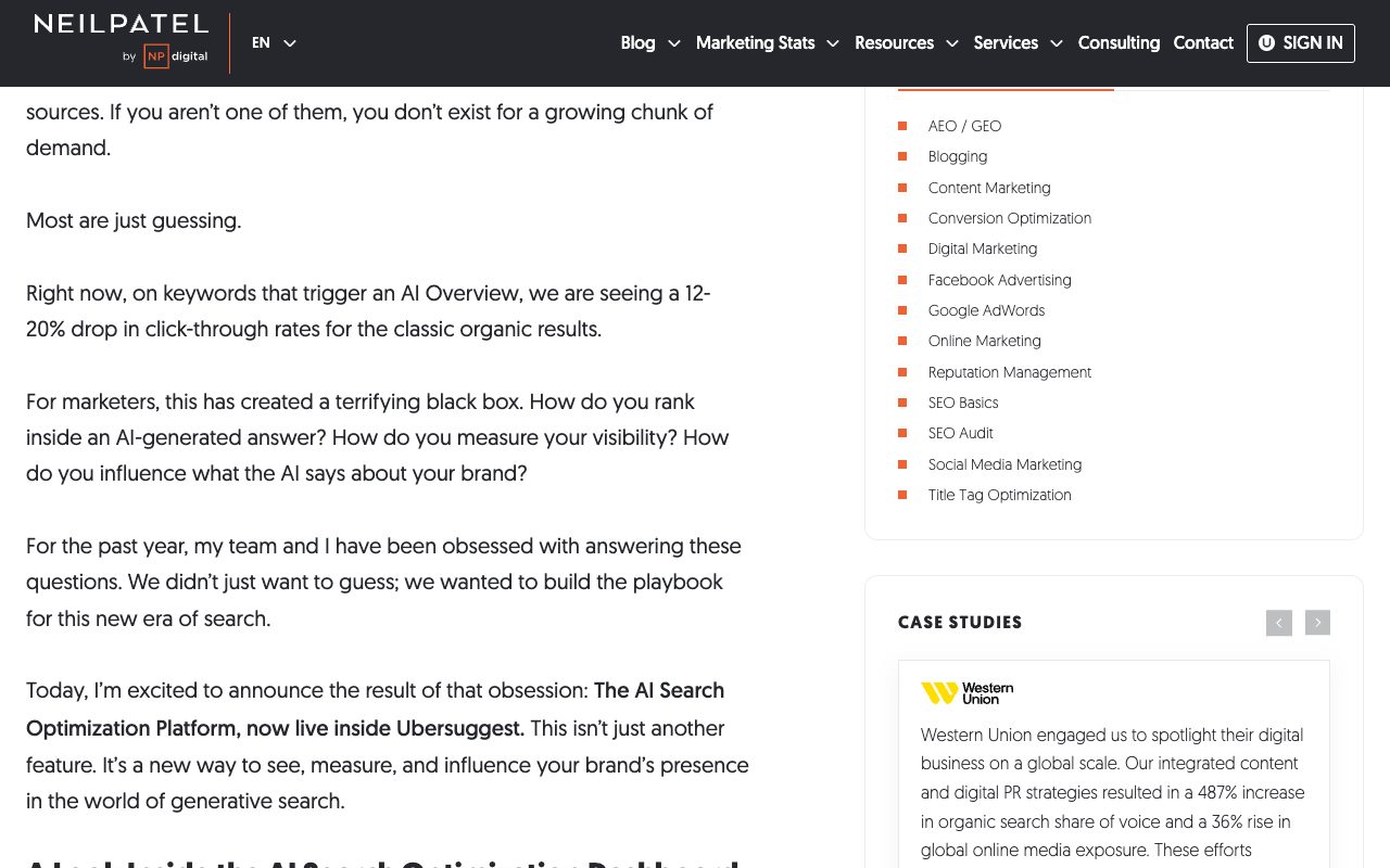 Neil Patel blog post announcing Ubersuggest's AI Search Optimization platform, after AI Overviews cut click-through rates for classic results