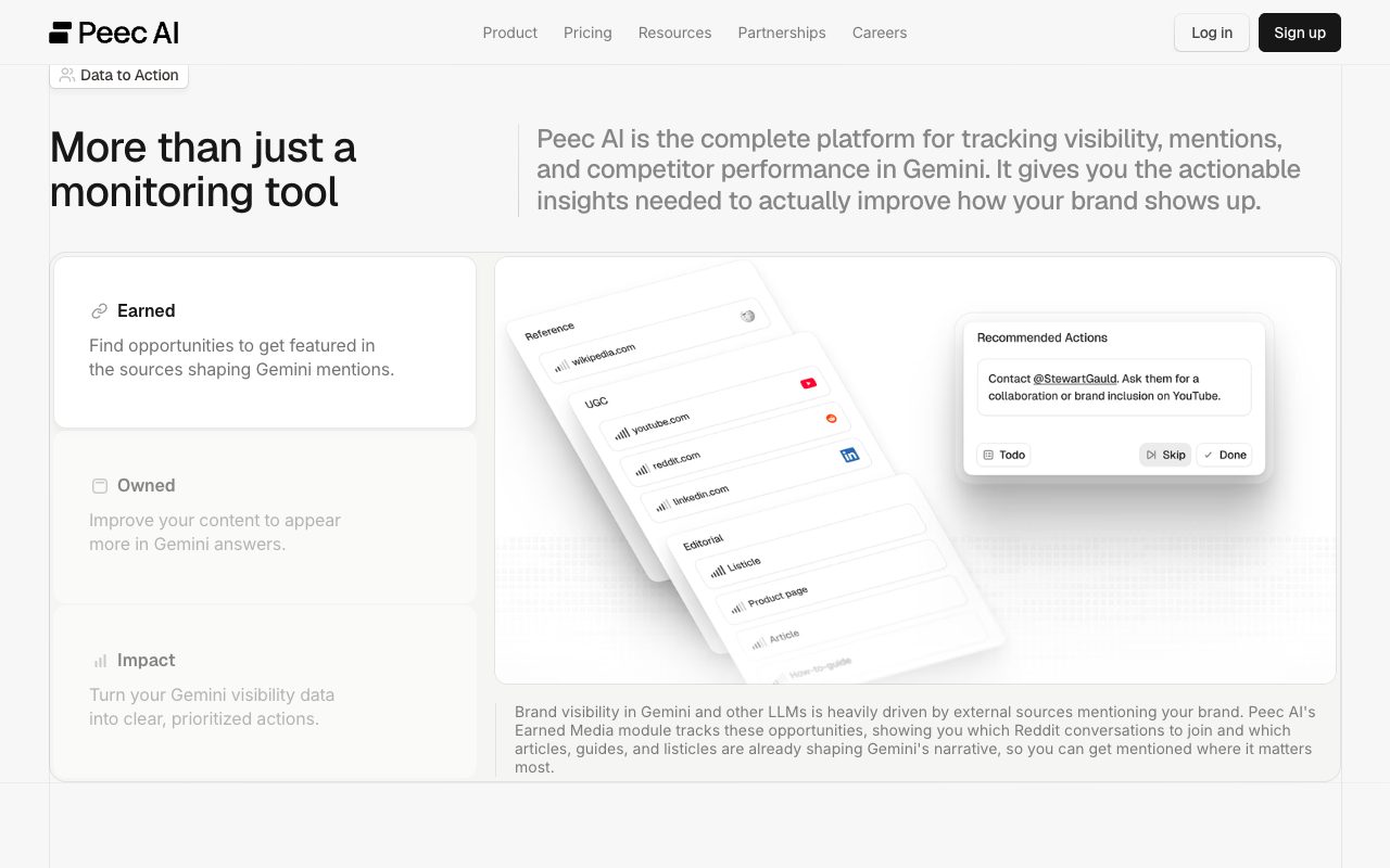 Peec AI Gemini visibility tracker section Data to Action, with the Earned module for sources shaping Gemini mentions