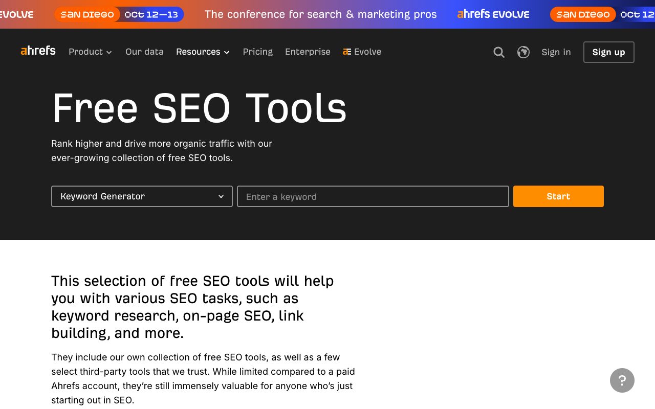 Ahrefs Free SEO Tools page with a keyword generator box and an intro to its collection of free SEO tools