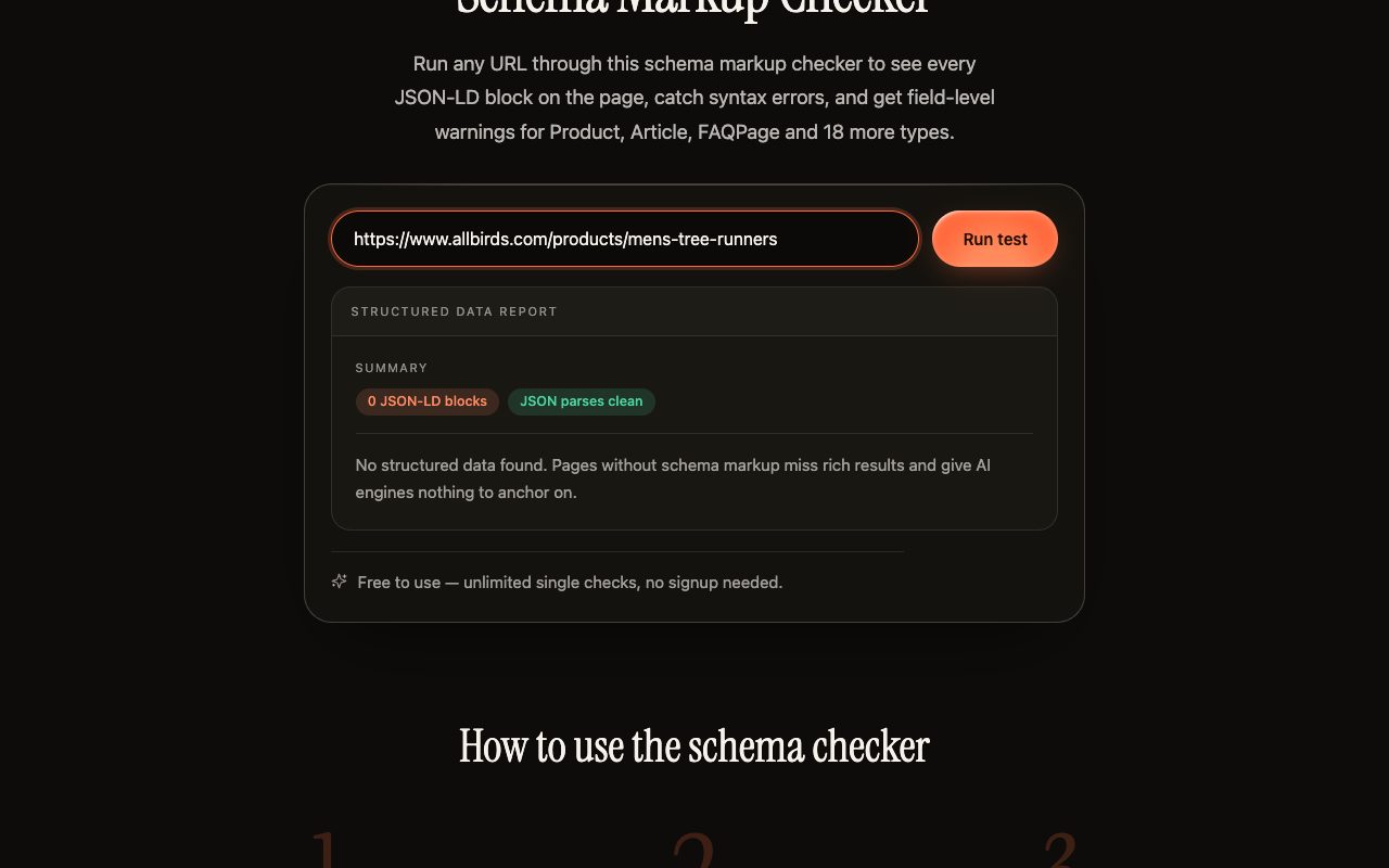 Kairosy schema markup checker run on an Allbirds product page, reporting no structured data found