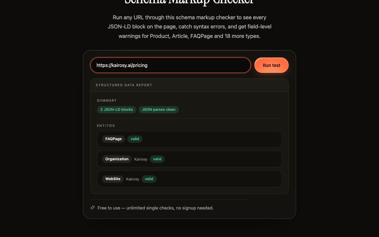 Kairosy schema markup checker run on a live pricing page, detecting a valid FAQPage plus Organization and WebSite JSON-LD
