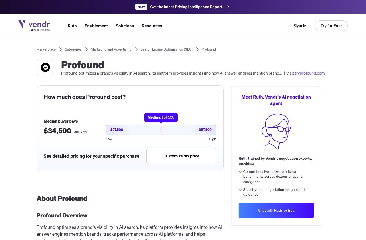 Vendr marketplace page for Profound: median buyer pays $34,500 a year, in a $27,500 to $57,500 range