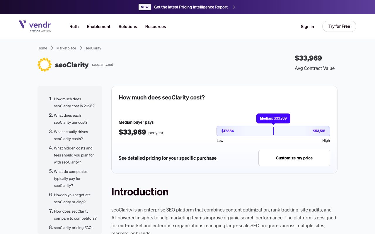 Vendr marketplace page for seoClarity showing a $33,969 median buyer price per year and its price range