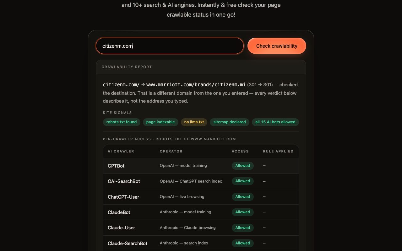 Kairosy AI crawl checker run on citizenm.com, following the redirect to marriott.com and listing site signals and robots.txt access for GPTBot, ClaudeBot and other AI crawlers