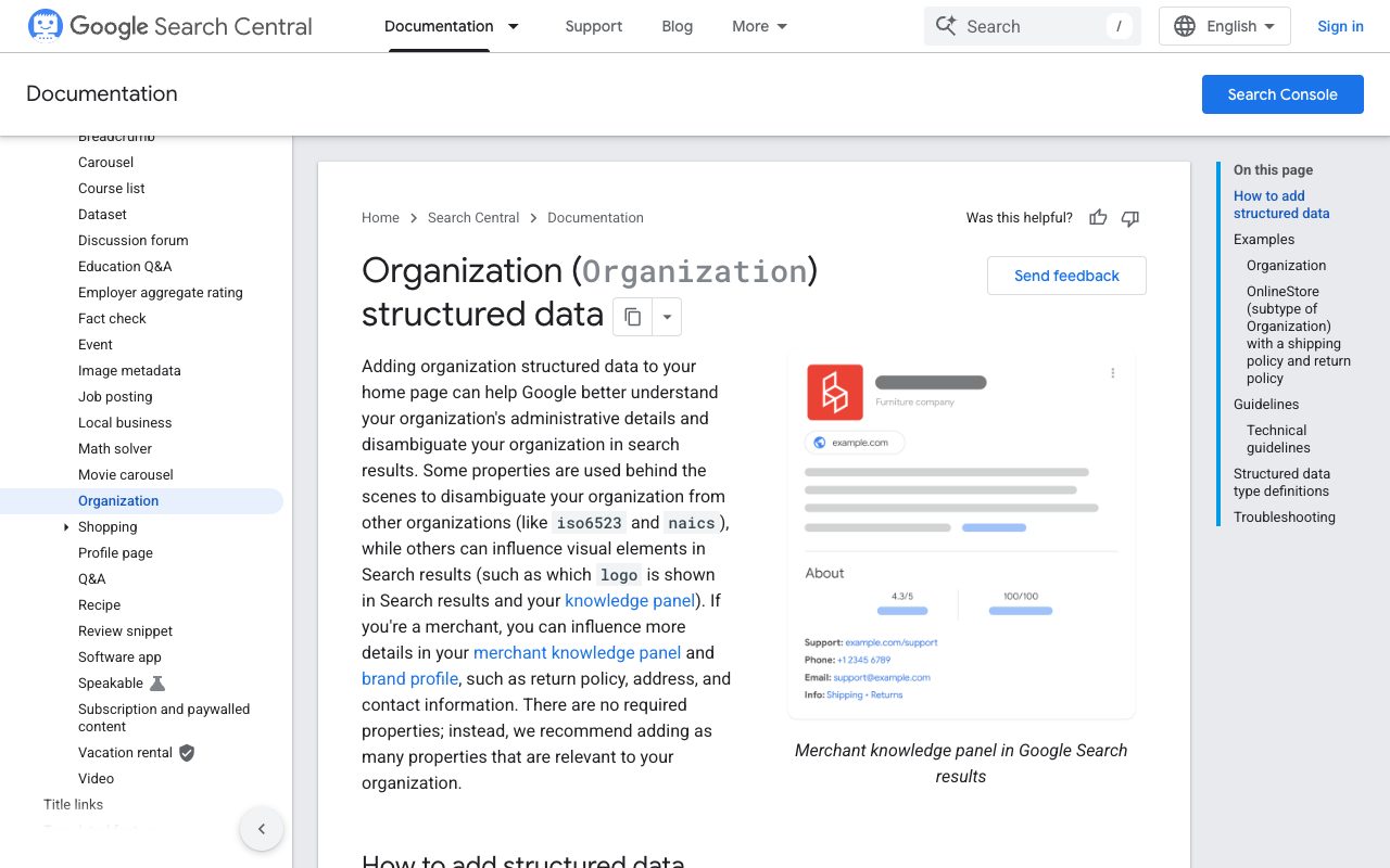 Google Search Central documentation on Organization structured data, explaining how to add organization markup