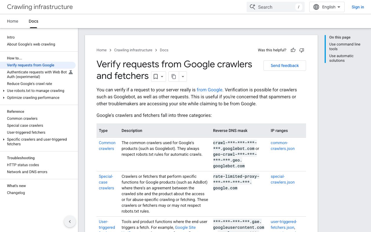 Google crawling documentation on verifying Googlebot and other Google crawlers using reverse DNS lookup and published IP ranges