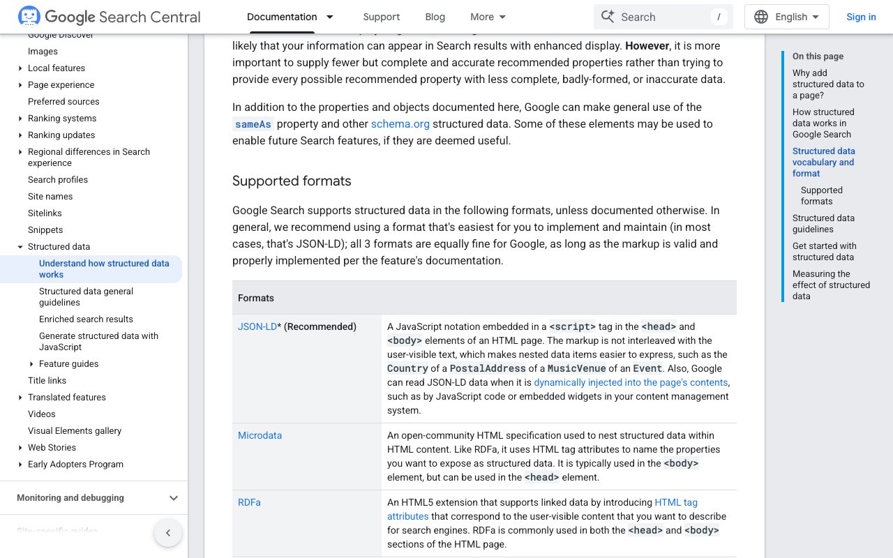 Google Search Central intro to structured data, Supported formats section where Google recommends JSON-LD