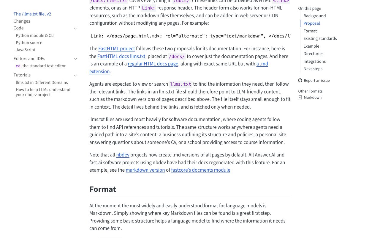 llmstxt.org specification, Format section describing the llms.txt markdown structure with an H1, blockquote summary and H2 link lists