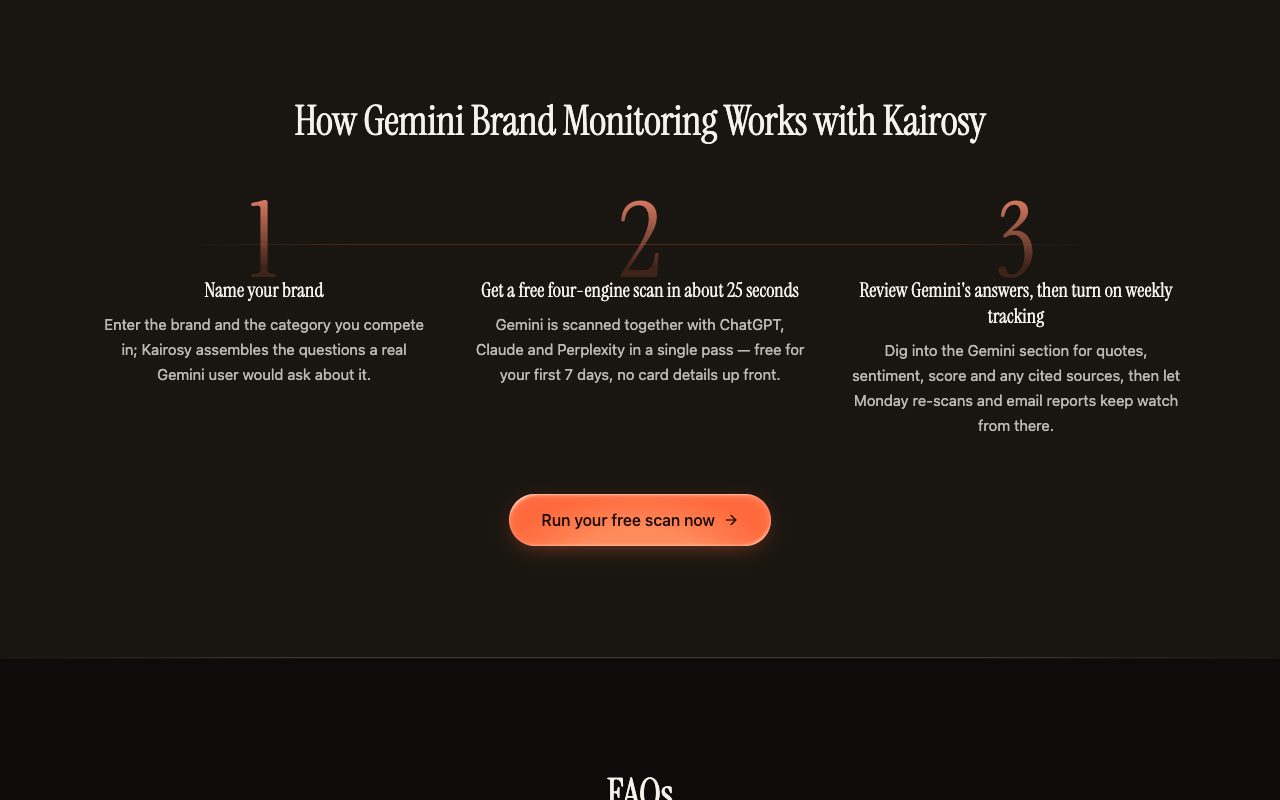 Kairosy Gemini brand monitoring page: three steps, from naming the brand to a four-engine scan and weekly Monday re-scans