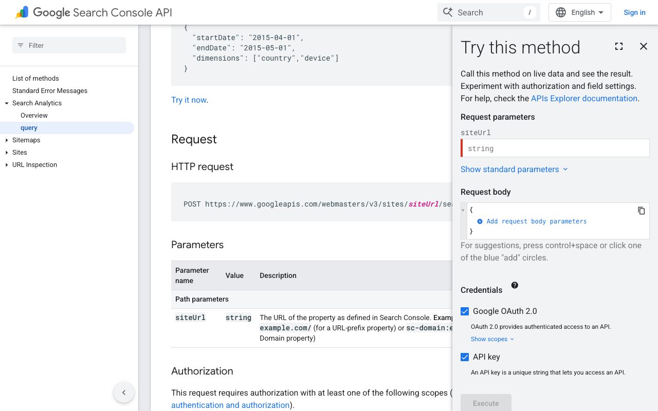 Google Search Console API reference for the Search Analytics query method, with an example request grouped by country and device