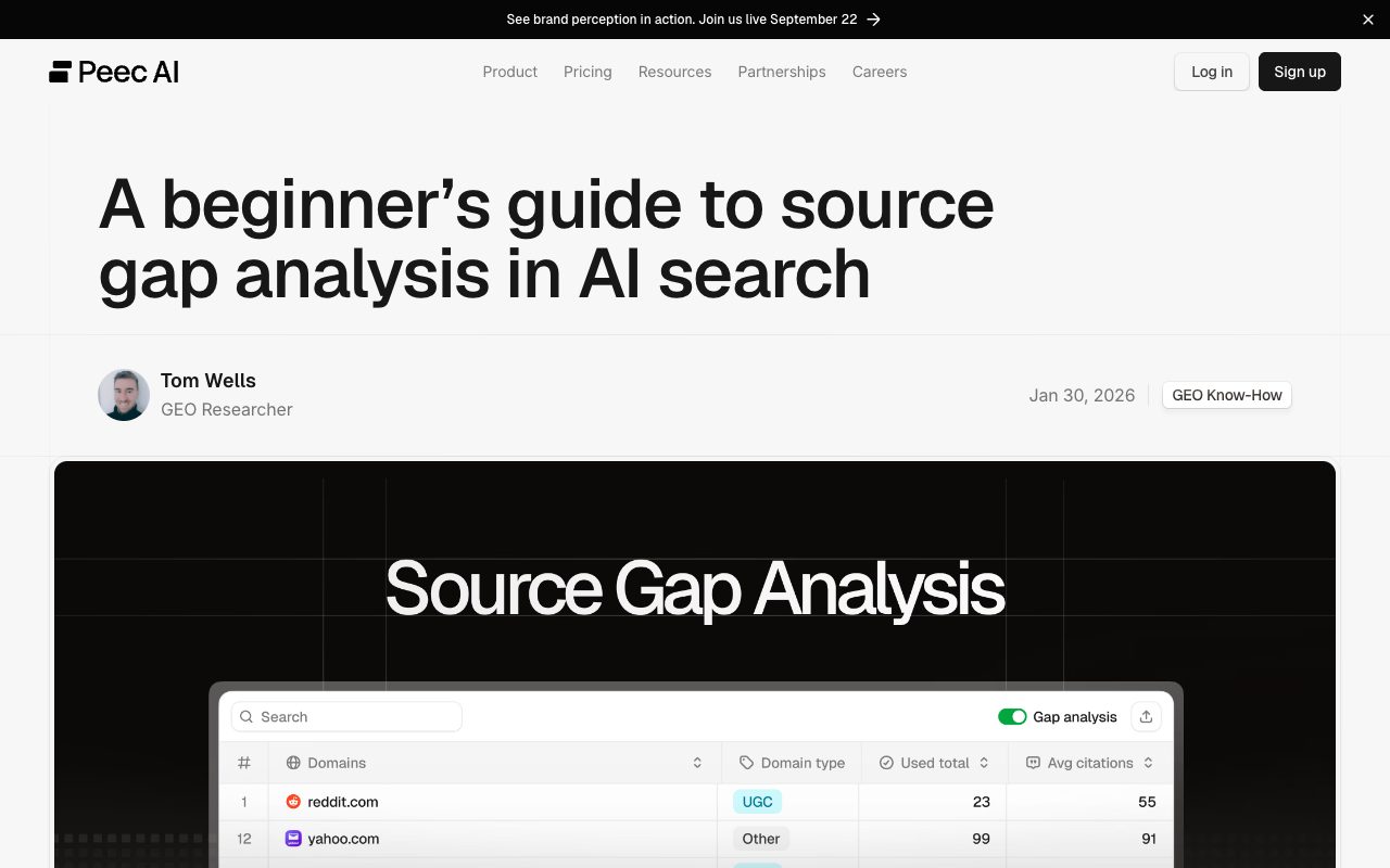 Peec AI blog post header: A beginner's guide to source gap analysis in AI search, by Tom Wells, January 2026